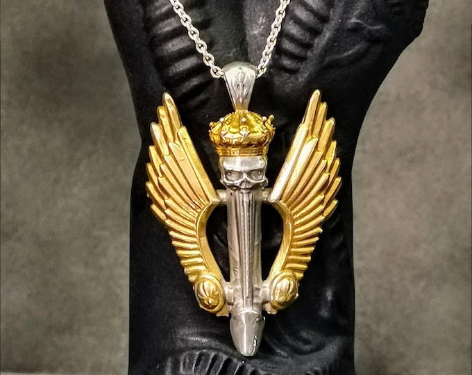 Phalluserectus Necklace Winged penis with skull decorated with royal crown Symbol of love Silver gilded by Robert Christoph