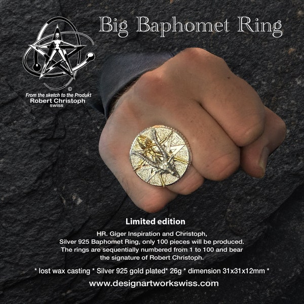 Giger and Christoph, large Baphomet ring, silver 925, only 100 copies will be made. Numbered.