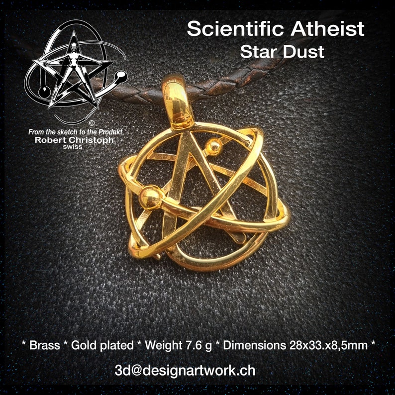 Scientific atheism symbol sign Star Dust, brass Yellow gold-plated polished 28x33x8.5 mm image 2