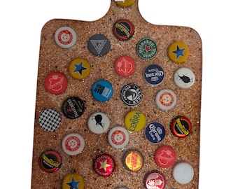 Charcuterie / cheese board. With glitter and bottle tops. Hand made.