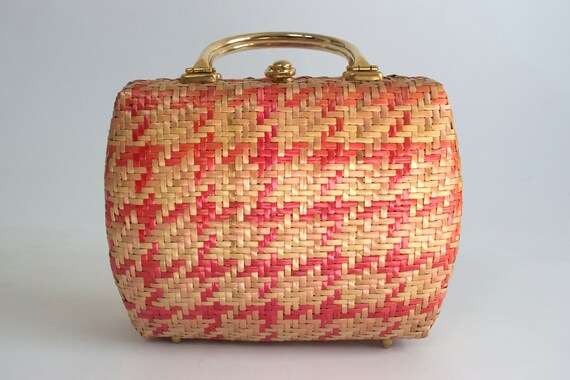 RARE Koret Pink Houndstooth Straw Handbag