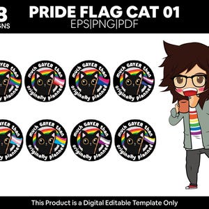 Puede incluir: Diseño digital con ocho pegatinas Pride Flag Cat. Cada pegatina presenta un gato negro, una bandera arcoíris y el texto "Much Gayer Than Originally Planned". También, un personaje de dibujos animados con gafas, una camisa arcoíris y una taza de café.