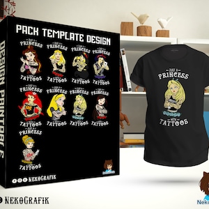 Pack template desing t-shirt princess whit tattoos rockstar sublimation desing printable ariel aurora queen gifts love friends woman cute