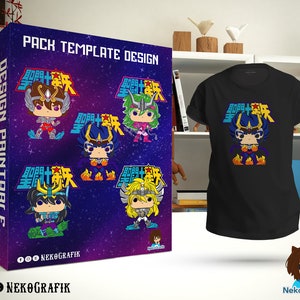 Puede incluir: Una plantilla de diseño de maqueta para una camiseta con un personaje de dibujos animados con un casco y una armadura azules y dorados. El personaje está rodeado de un fondo colorido con texto japonés. El texto dice "聖闘士星矢".