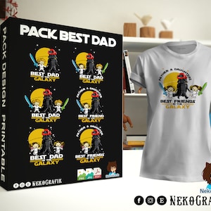 Puede incluir: Un conjunto de cuatro diseños imprimibles con un Darth Vader de dibujos animados con un sable de luz rojo y un fondo amarillo. Los diseños incluyen el texto "Best Dad in the Galaxy" y "Best Friend in the Galaxy".