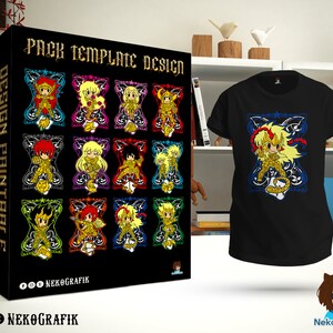 May include: A black t-shirt with a gold and red illustration of a cartoon character wearing a golden armor. The illustration is surrounded by a blue and black ornate frame. The text "PACK TEMPLATE DESIGN" is on a black background with white lettering. The text "DESIGN PRINTABLE" is on a white background with black lettering. The text "NEKOGRAFIK" is on a white background with black lettering.