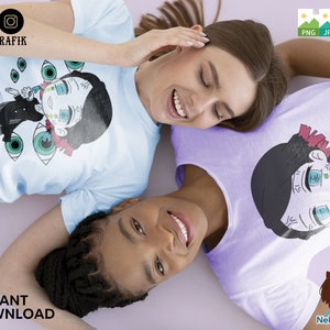 May include: Two t-shirts featuring anime character designs. The light blue t-shirt has a character with multiple eyes and the purple t-shirt has a character with one eye. The text "INSTANT DOWNLOAD" is at the bottom of the image.