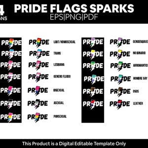 Puede incluir: Plantilla digital con 24 diseños de banderas del Orgullo. Cada diseño incluye la palabra "PRIDE" con un rayo y una bandera que representa diversas identidades, incluyendo LGBT/Homosexual, Trans y Lesbiana.