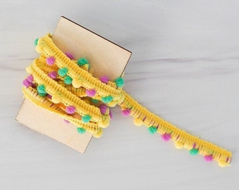 Yellow Purple Green Mini Pom Pom Ribbon Trim / Gift Packaging / Gift Wrap / Pom Pom Yarn