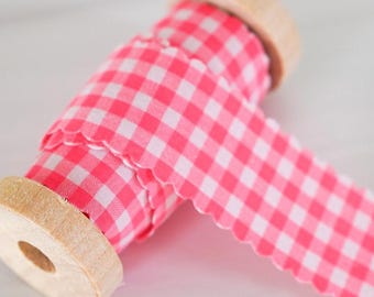 Neon Pink Scalloped Gingham Cotton Ribbon  • 5 Yards • 1"