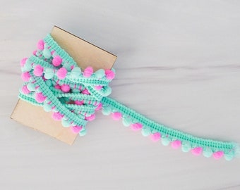 Turquoise Pink Mini Pom Pom Ribbon Trim / Gift Packaging / Gift Wrap / Pom Pom Yarn