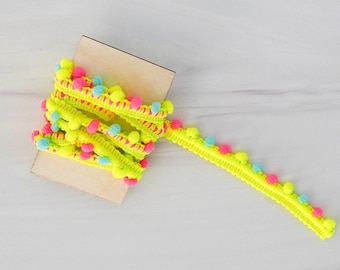 Yellow Pink Blue Mini Pom Pom Ribbon Trim / Gift Packaging / Gift Wrap / Pom Pom Yarn