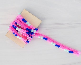 Pink Blue Mini Pom Pom Ribbon Trim / Gift Packaging / Gift Wrap / Pom Pom Yarn