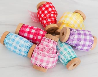 Gingham Checkered Hollowed Out Lace Scalloped Ribbon • 2 Yards • 5 Yards