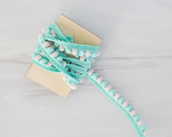 Turquoise Pink Mini Pom Pom Ribbon Trim / Gift Packaging / Gift Wrap / Pom Pom Yarn