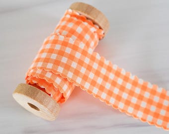Bright Orange Scalloped Checkered Gingham Cotton Ribbon • 5 Yards • 1"