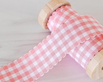 Salmon Pink Scalloped Gingham Cotton Ribbon • 5 Yards • 1"