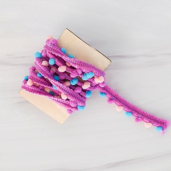 Purple Pink Blue Mini Pom Pom Ribbon Trim / Gift Packaging / Gift Wrap / Pom Pom Yarn