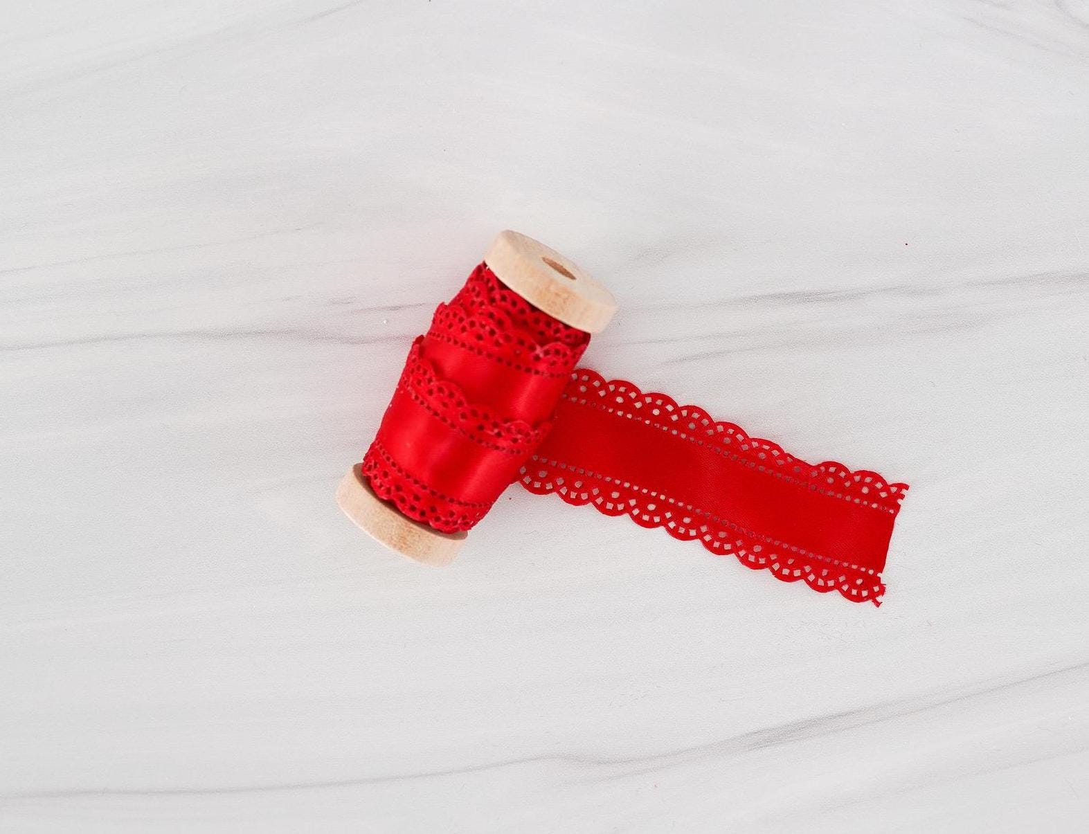 2 Yds. Scarlet Red Satin Lace Cut-Out Scalloped Ribbon / Gift Packaging / Gift Wrap / Gift Ribbon