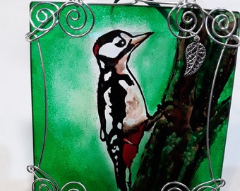 Woodpecker hand painted glass suncatcher