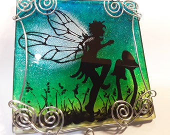 Hand painted silhouette glass fairy suncatcher