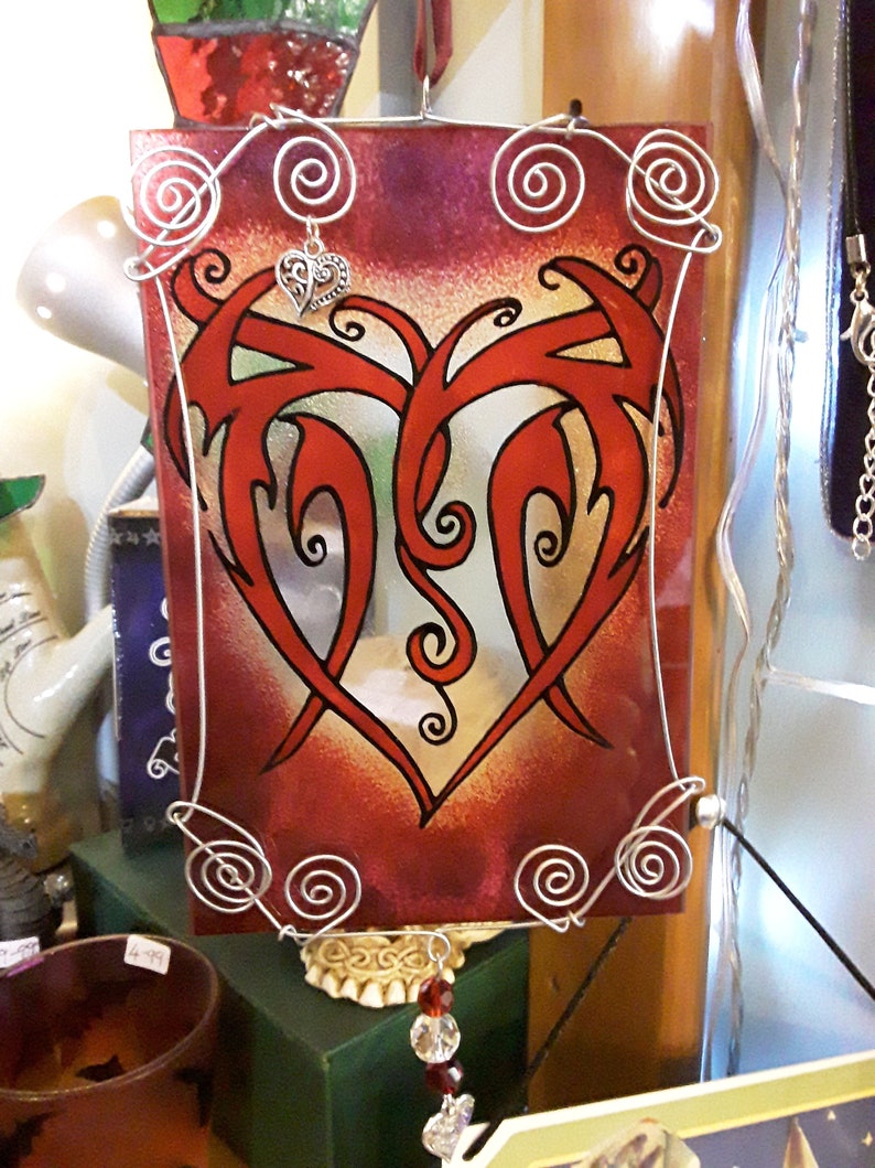 Red tribal heart glass suncatcher 6 x 4 inches