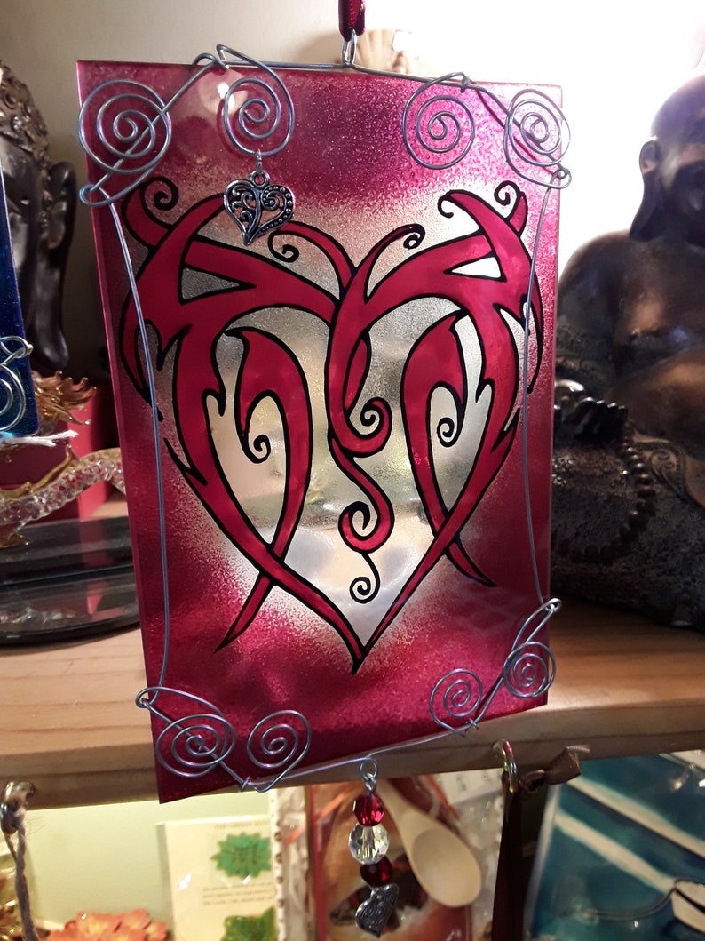 Red tribal heart glass suncatcher 6 x 4 inches