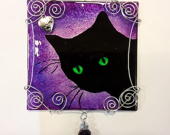 Hand painted glass lucky black cat suncatcher with cute cat charms and fire polished beads