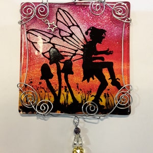 Hand painted glass silhouette fairy suncatcher