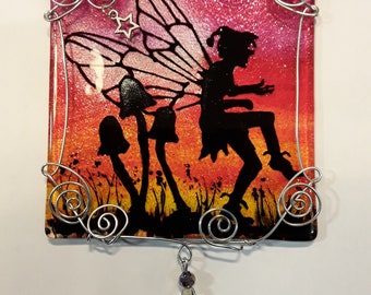 Hand painted glass silhouette fairy suncatcher