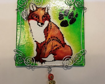 Hand painted glass fox suncatcher with wirework, charms and fire polished glass beads