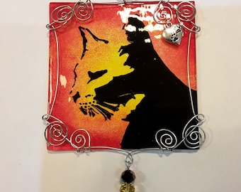 Hand Painted glass cat silhouette suncatcher with wirework and cute cat charms