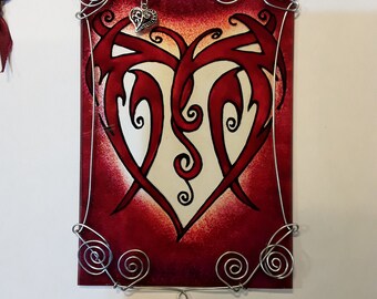 Red tribal heart glass suncatcher 6 x 4 inches