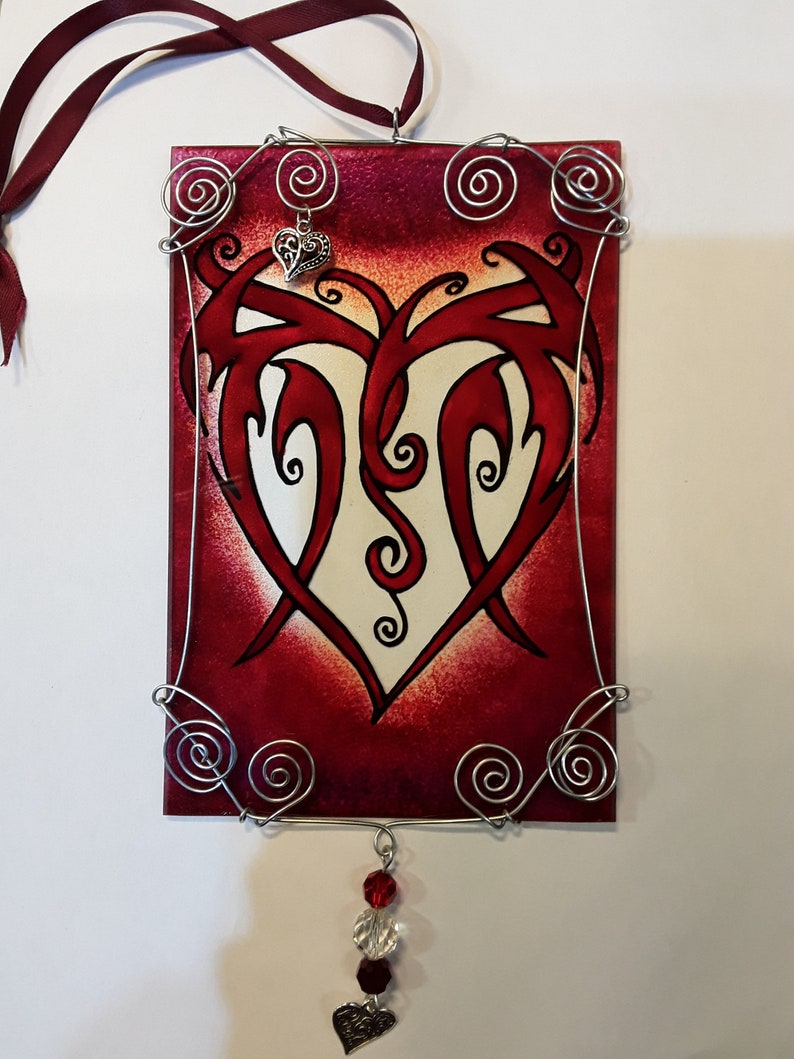 Red tribal heart glass suncatcher 6 x 4 inches