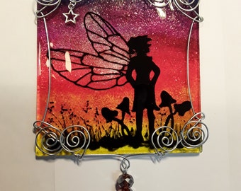 Hand painted glass silhouette fairy suncatcher