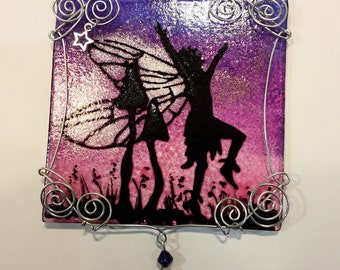 Handpainted glass fairy silhouette suncatcher with wirework frame and fire polished glass beads