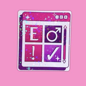 Pode incluir: Um autocolante com um design de janela de computador em tons de rosa e roxo. A janela é dividida em quatro quadrados, cada um contendo um símbolo: a letra "E", um símbolo masculino, um ponto de exclamação e uma marca de verificação. O autocolante tem um acabamento brilhante.