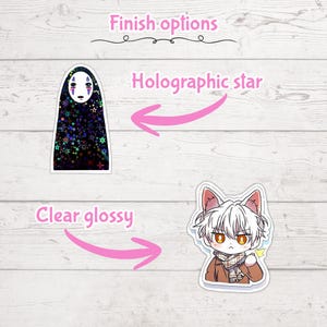 May include: Two stickers are shown, one of a character from Spirited Away with a holographic star finish, and another of a cat-like anime character with a clear glossy finish. The text "Finish options" and "Holographic star" are visible.