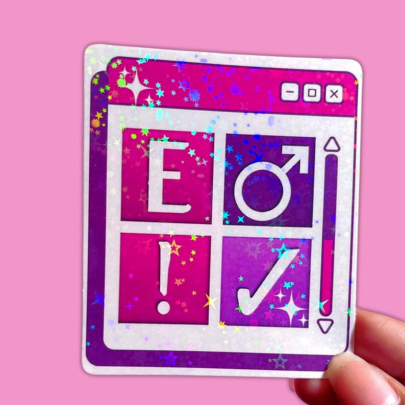 A holographic sticker with a pink and purple color scheme. The sticker features a window-like design with four squares containing the letter 'E', a male symbol, an exclamation point, and a checkmark. The sticker has a scroll bar and a window control bar with minimize, maximize, and close buttons.