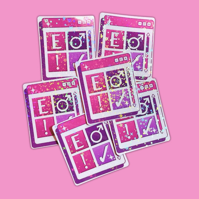 May include: A pile of pink and purple stickers with a holographic finish. Each sticker has a design like a computer window, with the letters "E", a male symbol, an exclamation mark, and a tick.