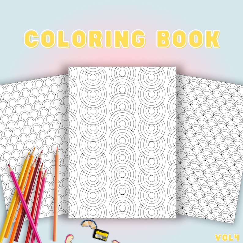 May include: A coloring book with geometric patterns, including overlapping semi-circles and scallop designs. The cover reads "COLORING BOOK" in yellow letters. A set of colored pencils and pencil shavings are visible.
