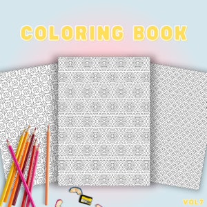 May include: A colouring book with three pages featuring geometric patterns. The pages are black and white and the title "COLOURING BOOK" is in yellow letters on a pink background. The text "VOL 7" is in yellow letters on a white background.