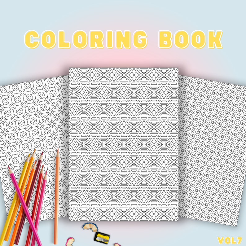 May include: A colouring book with three pages featuring geometric patterns. The pages are black and white and the title "COLOURING BOOK" is in yellow letters on a pink background. The text "VOL 7" is in yellow letters on a white background.