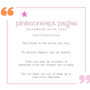 Op de afbeelding: Roze en witte tekst op een roze achtergrond met een roze ster. De tekst luidt "pinkconcept pages HANDMADE WITH LOVE THIS IS A DIGITAL FILE THIS LISTING IS FOR DIGITAL FILE ONLY. NO PHYSICAL PRODUCT WILL BE SHIPPED. YOUR FILES WILL BE AVAILABLE TO DOWNLOAD AFTER THE PAYMENT HAS CLEARED. YOU CAN PRINT THE FILE AT HOME OR AT YOUR LOCAL PRINTSHOP."