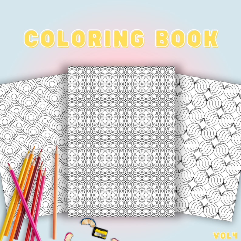 May include: A coloring book with the text "COLORING BOOK" in yellow letters. The book is open to a page with a geometric pattern. Colored pencils in various colors are arranged on the left side of the image. The book is labeled "VOL 4".