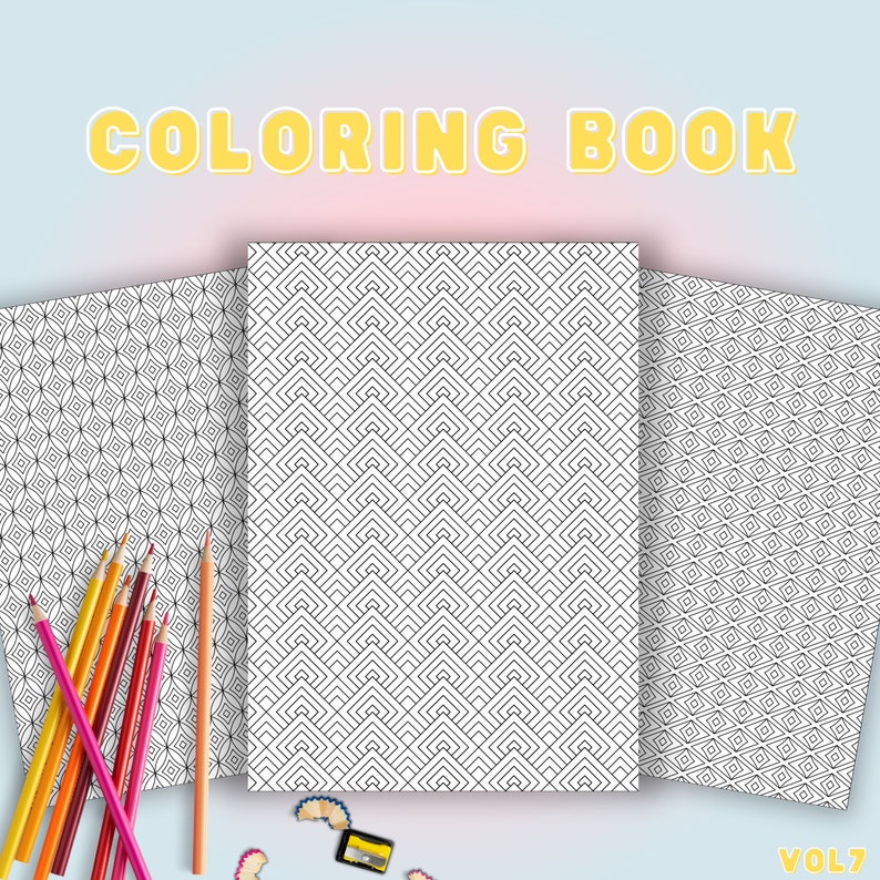 May include: Three black and white colouring pages with geometric patterns. The pages are arranged in a row with the middle page in the centre. The text "COLORING BOOK" is at the top of the image in yellow letters. The text "VOL7" is at the bottom right of the image.