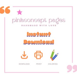 Op de afbeelding: Roze conceptpagina's, handgemaakt met liefde, direct downloaden.  Downloaden, afdrukken en inkleuren.  De afbeelding toont een roze ster, een downloadpictogram, een printerpictogram en twee kleurpotloden.