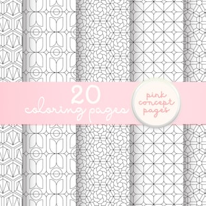 May include: A collection of 20 coloring pages with geometric patterns in black and white. The pages feature various designs, including hexagons, floral shapes, and geometric grids. The text "20 coloring pages" is displayed on a pink banner, with "pink concept pages" in a circle.