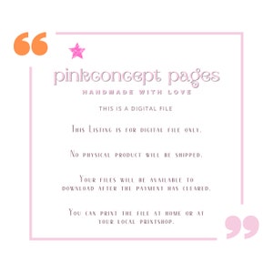 Op de afbeelding: Roze en witte tekst op een roze achtergrond met een roze ster. De tekst luidt "pinkconcept pages HANDMADE WITH LOVE THIS IS A DIGITAL FILE THIS LISTING IS FOR DIGITAL FILE ONLY. NO PHYSICAL PRODUCT WILL BE SHIPPED. YOUR FILES WILL BE AVAILABLE TO DOWNLOAD AFTER THE PAYMENT HAS CLEARED. YOU CAN PRINT THE FILE AT HOME OR AT YOUR LOCAL PRINTSHOP."
