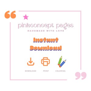 Op de afbeelding: Roze en oranje grafiek met de tekst "pinkconcept pages" en "Handmade with love". De tekst "Direct downloaden" is oranje met een groene omtrek. Onder de tekst staan drie pictogrammen: een downloadpijl, een printer en twee kleurpotloden. De tekst onder de pictogrammen luidt "Downloaden", "Afdrukken" en "Inkleuren".